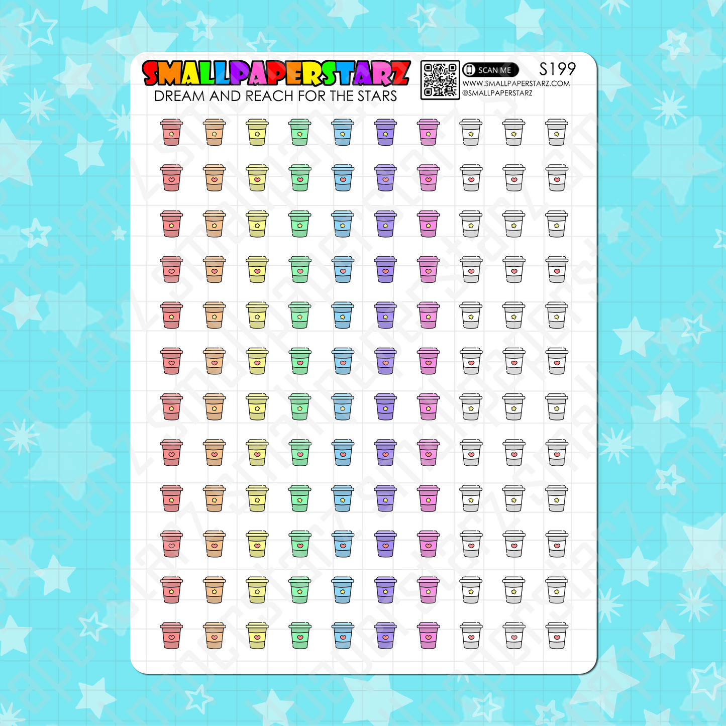 S199 - Coffee / Drink / Tea Take Away Cup Rainbow Icons Sticker Sheet