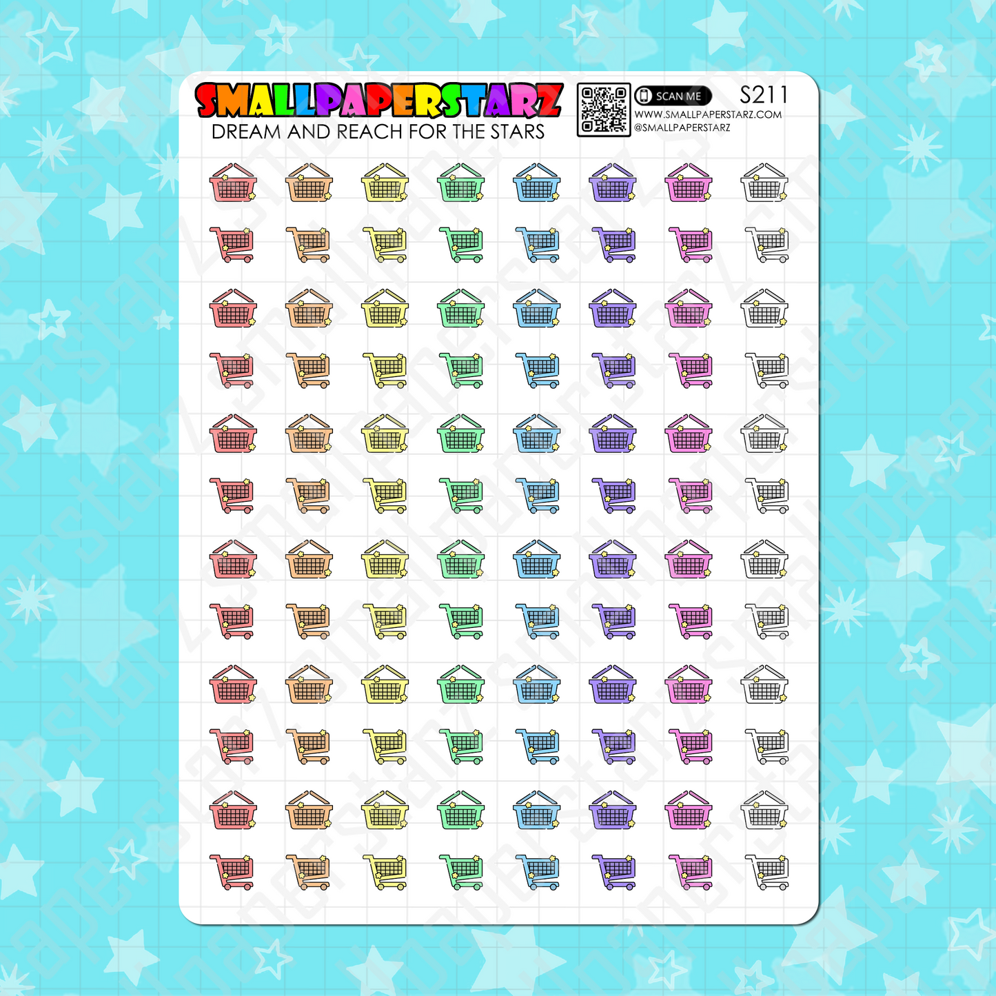 S211 - Shopping Basket / Cart Rainbow Icons Sticker Sheet