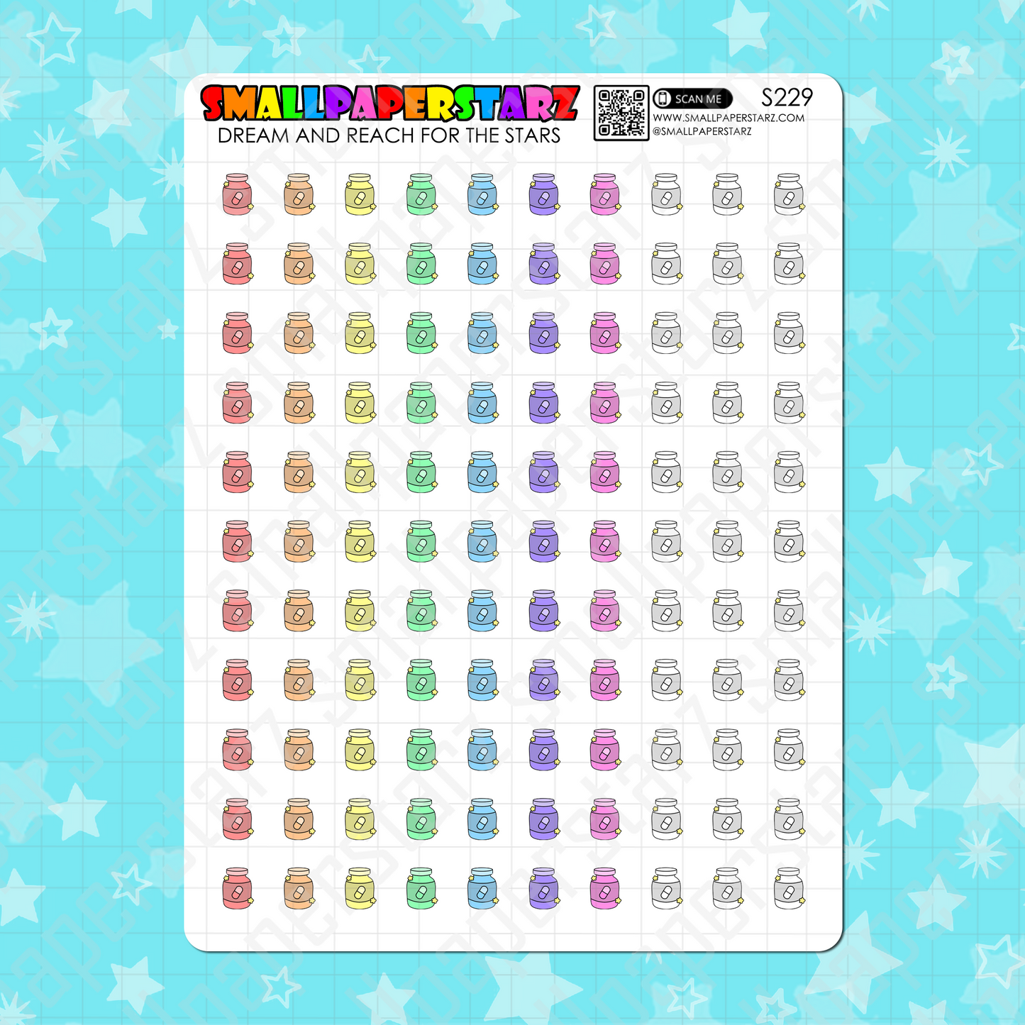 S229 - Medication / Pills / Vitamins Bottle Rainbow Icons Sticker Sheet