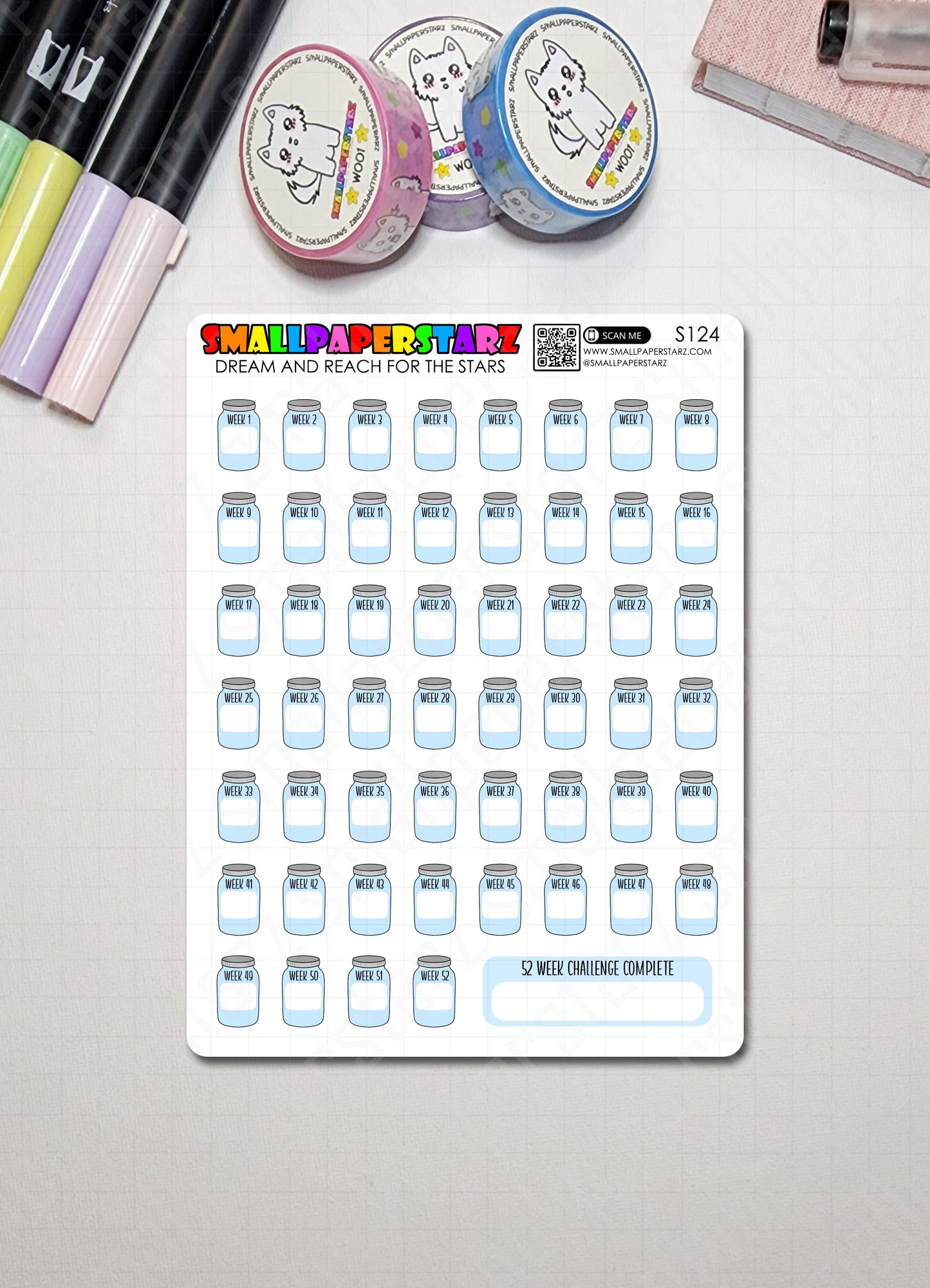 S124 - 52 Week Money / Savings Challenge Jars Blue Sticker Sheet