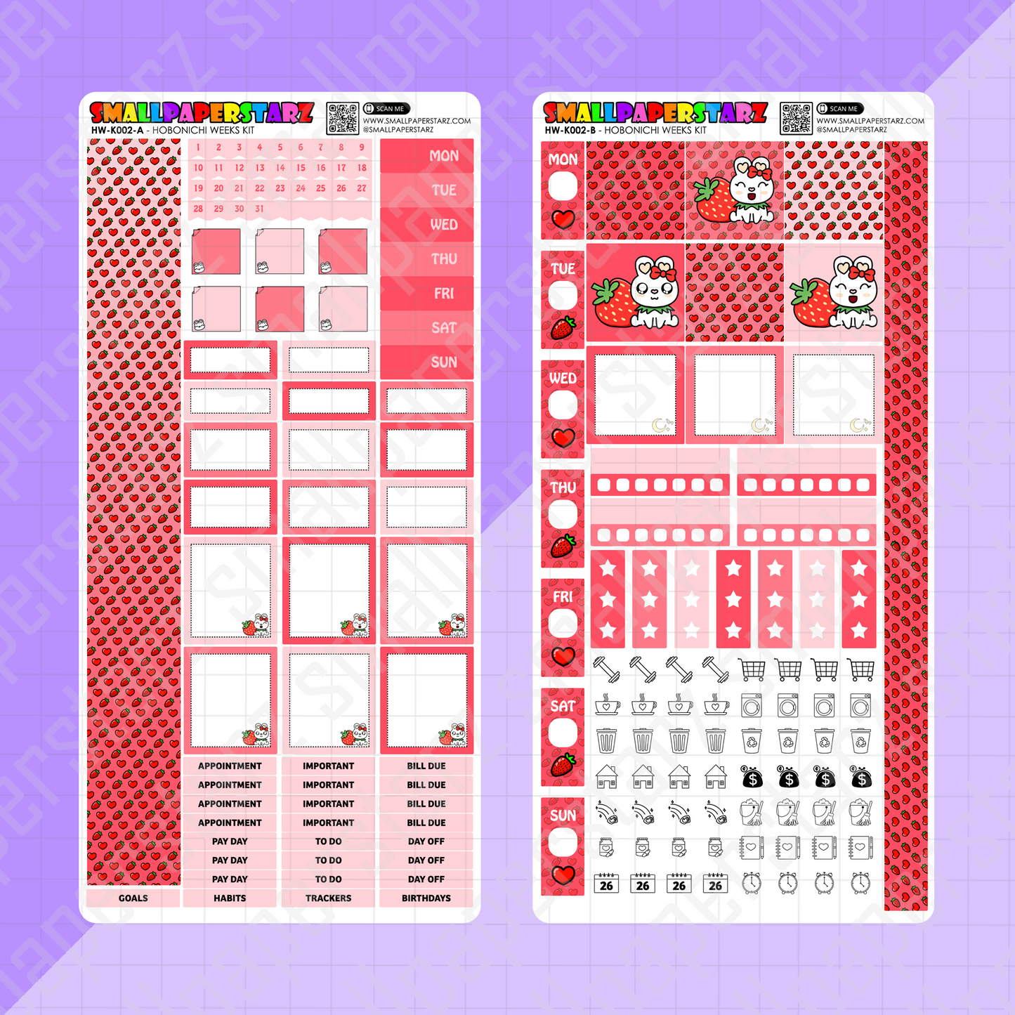 HW-K002 - Strawberry Love Lola Bunny Hobonichi Weeks Planner Sticker Kit