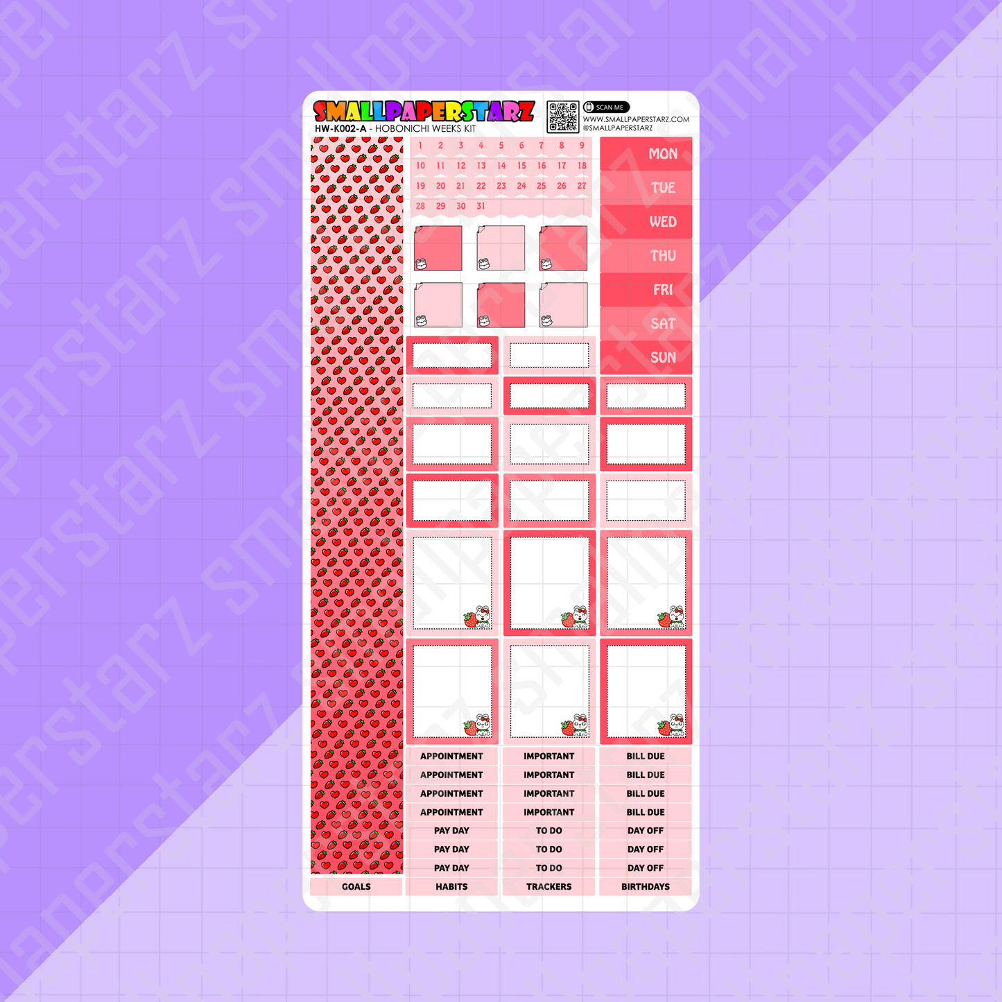HW-K002 - Strawberry Love Lola Bunny Hobonichi Weeks Planner Sticker Kit