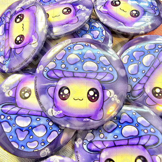 L028 - Floating Blue Mushie Mushroom Pinback Button / Badge