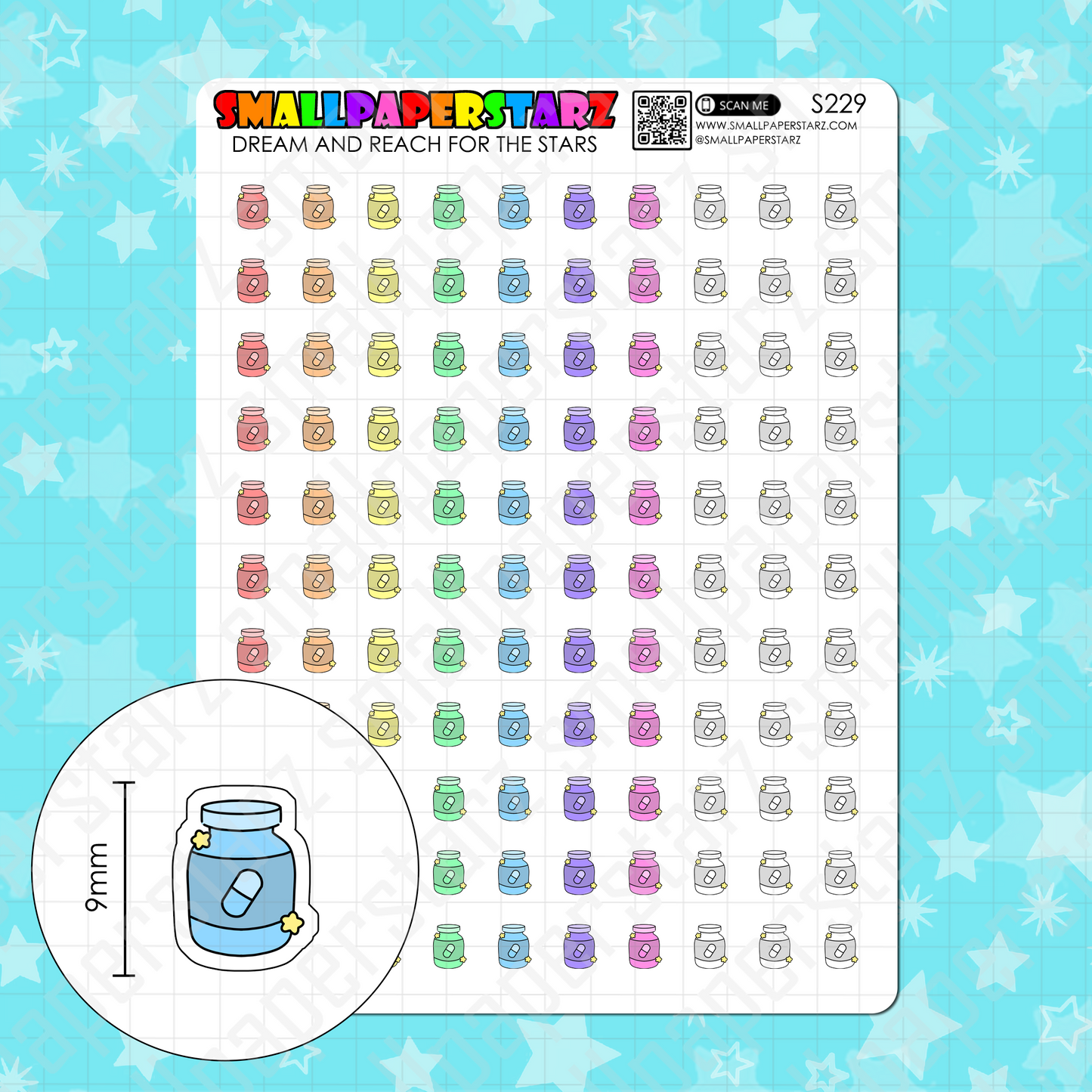 S229 - Medication / Pills / Vitamins Bottle Rainbow Icons Sticker Sheet