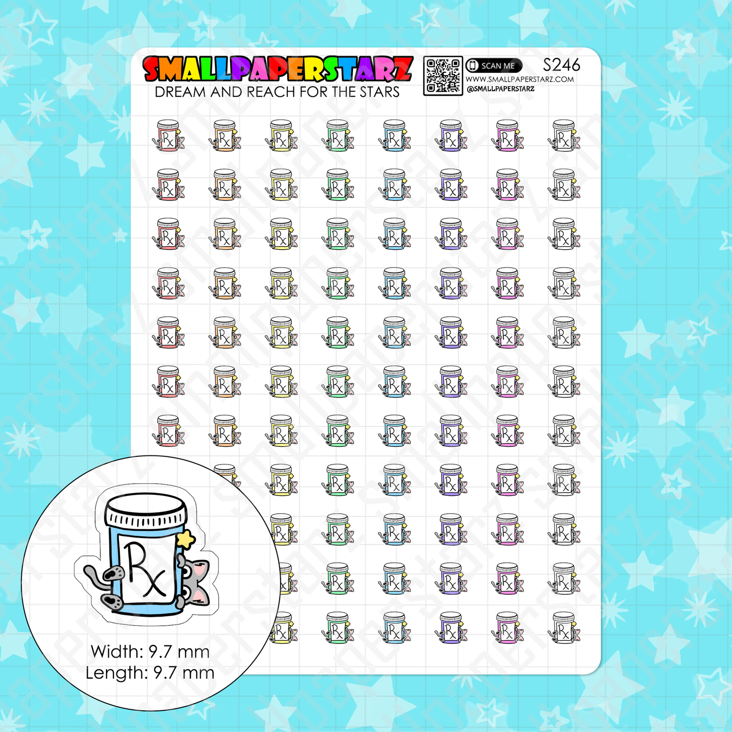S246 - Cat Pet Medication RX Rainbow Character Icon Planner Sticker Sheet