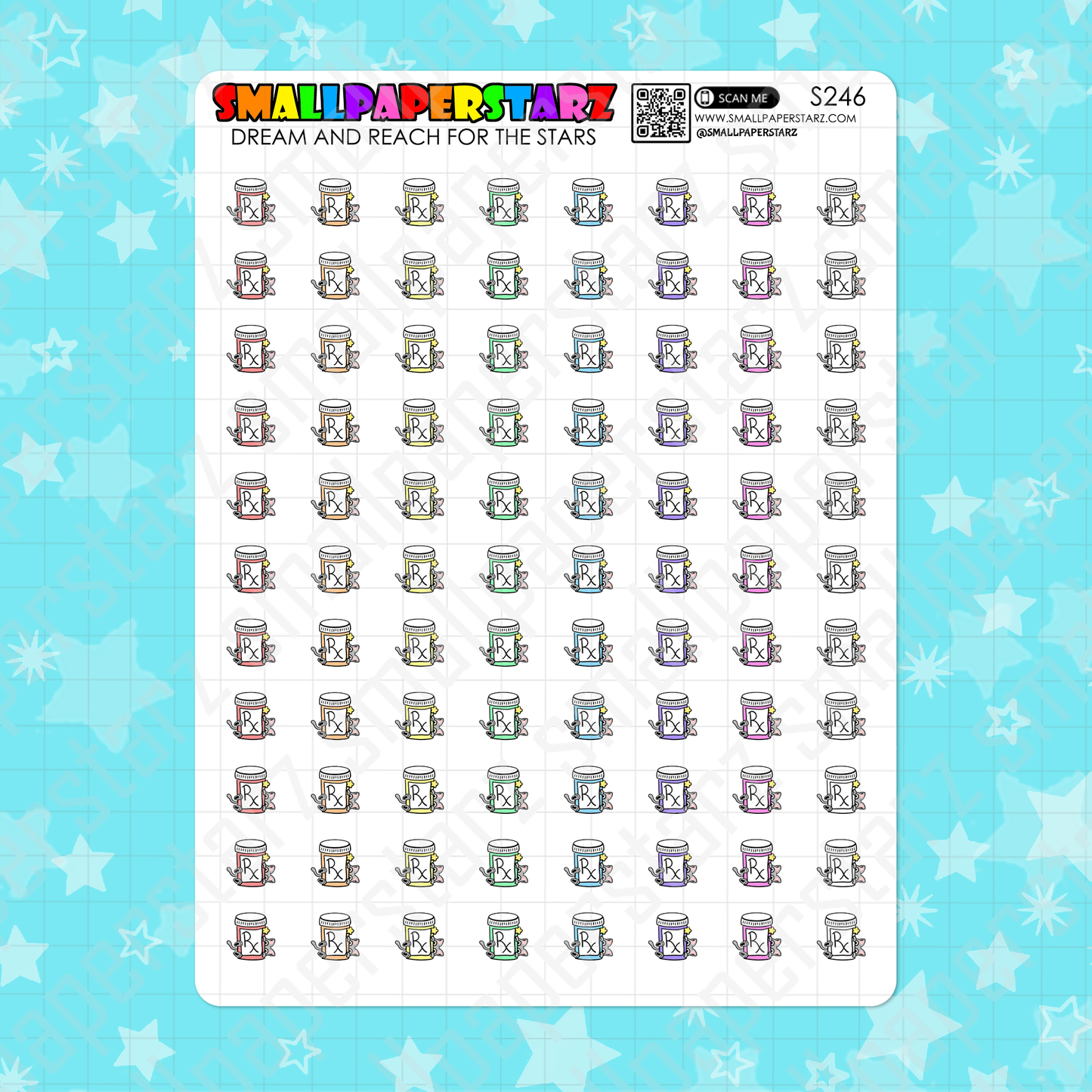 S246 - Cat Pet Medication RX Rainbow Character Icon Planner Sticker Sheet