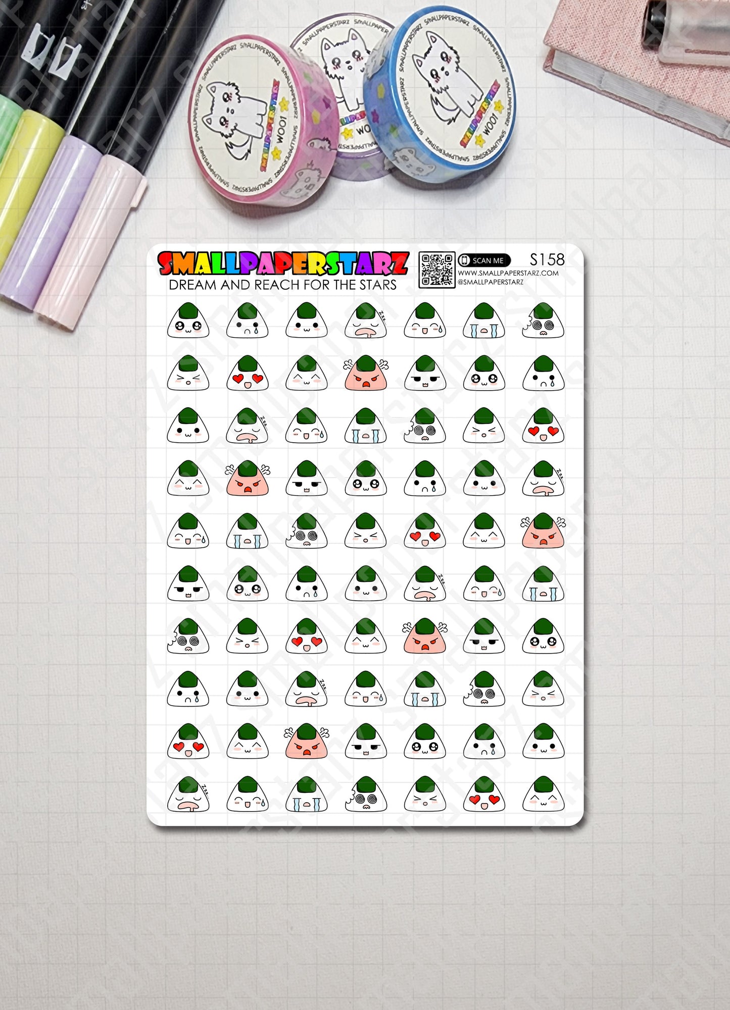 S158 - Onigiri Emojis / Emotis / Emoticons Sticker Sheet