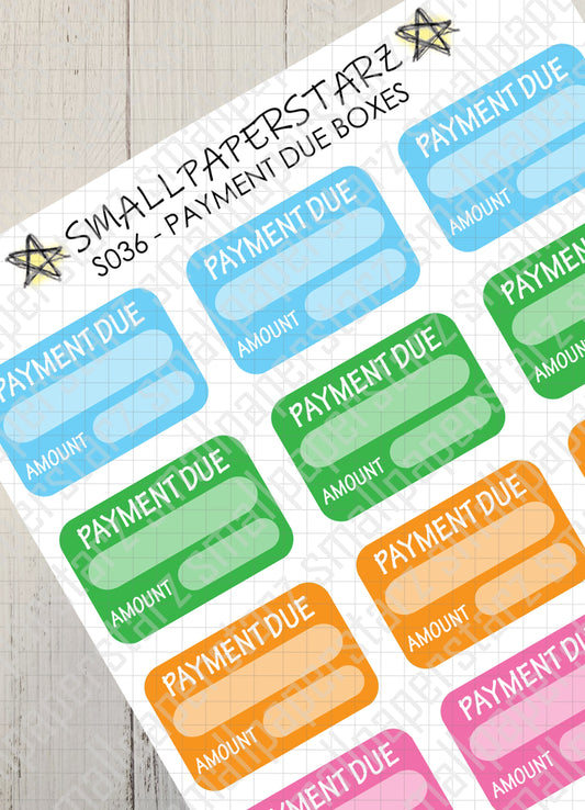 S036 - Payment/Bill Due Boxes Sticker Sheet