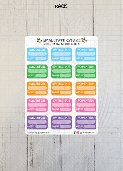 S036 - Payment/Bill Due Boxes Sticker Sheet