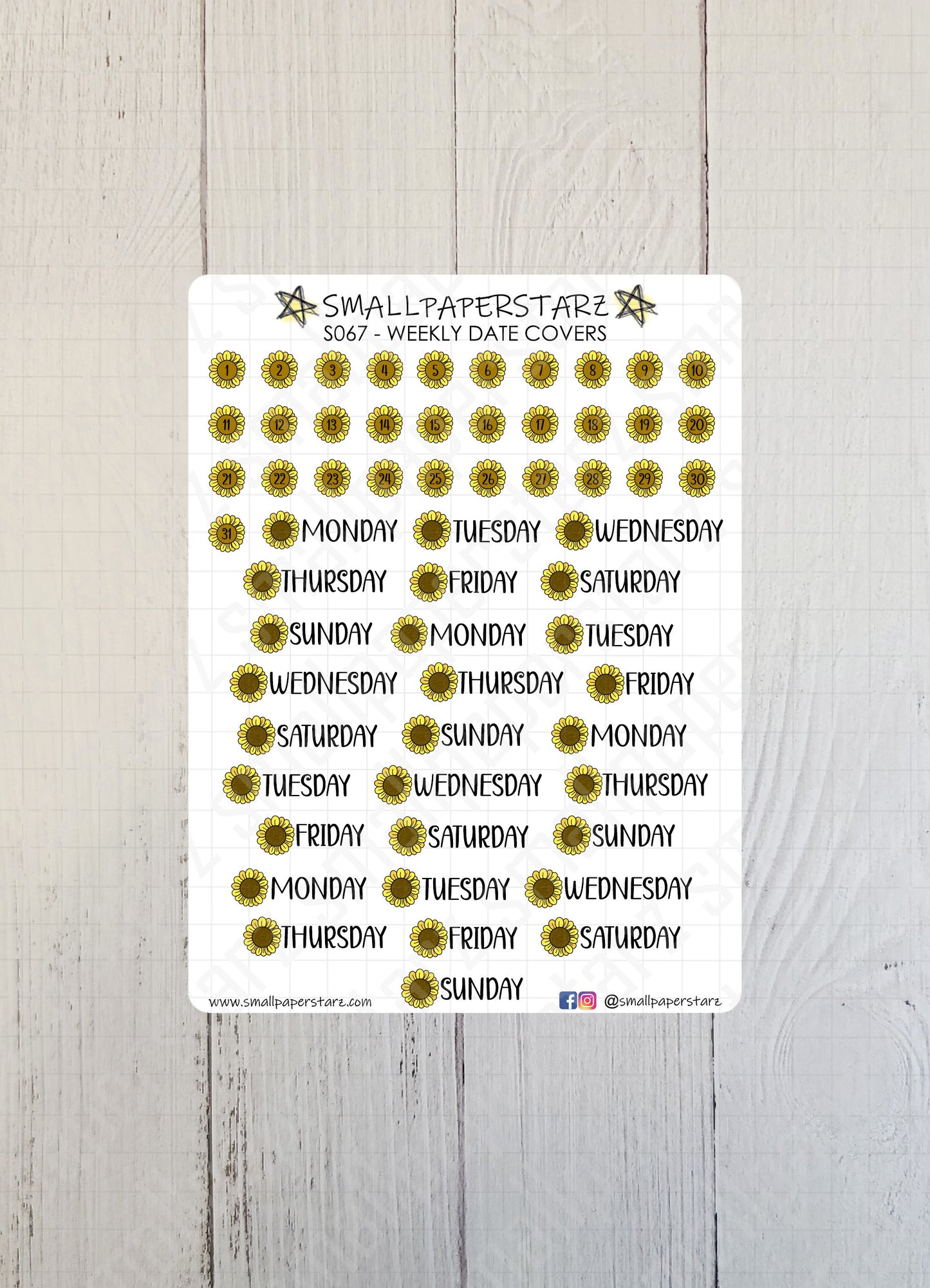 S067 - Sunflower Weekly Date Covers Sticker Sheet