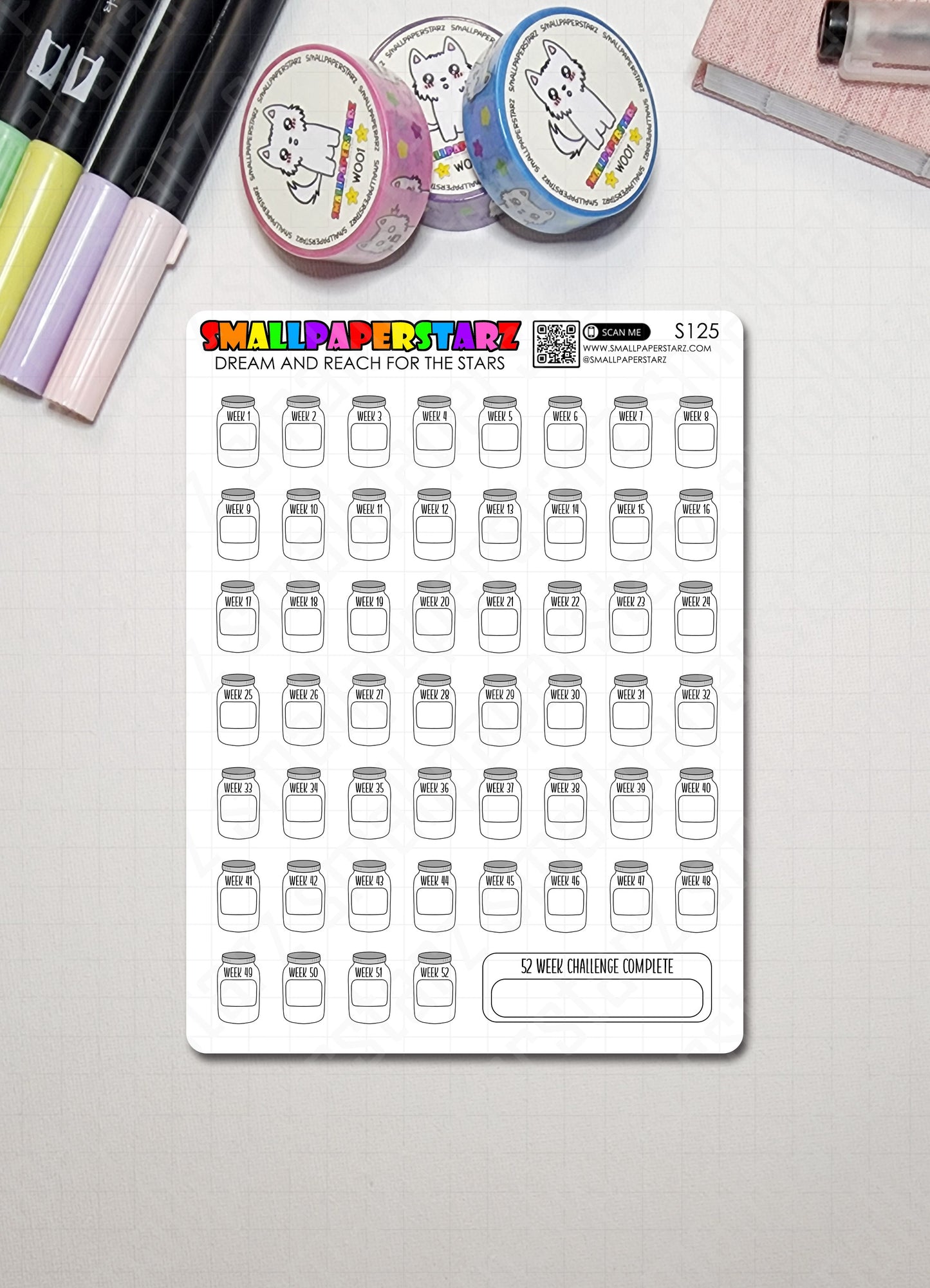 S125 - 52 Week Money / Savings Challenge Jars White Sticker Sheet
