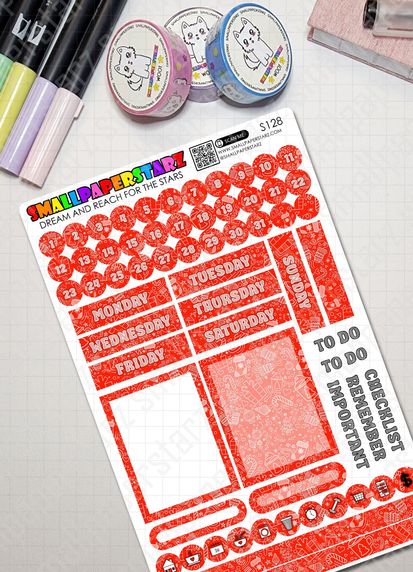 S128 - Christmas Holidays Red Monthly Planner Kit Functional Sticker Sheet