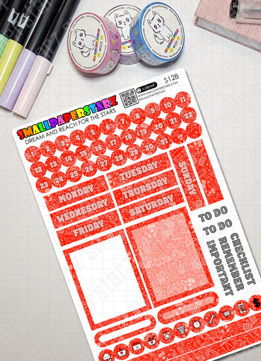 S128 - Christmas Holidays Red Monthly Planner Kit Functional Sticker Sheet